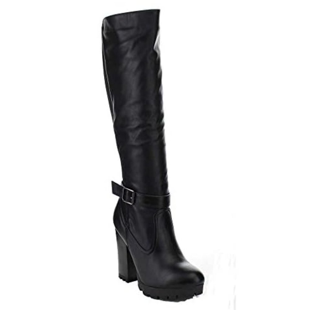 BAMBOO GABY-09 Women's Faux Leather Buckle Strap Chunky Heel Knee High Boots